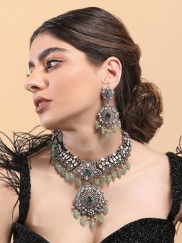 Auraa Trends - Rhodium Plated American Diamond Zircon Green Jewellery Set
