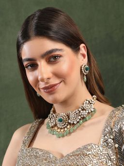 Auraa Trends - 22Kt Gold Plated Kundan Green Jewellery Set