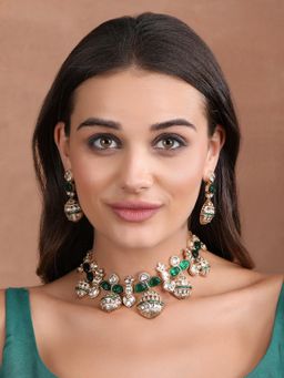 Auraa Trends - Gold Finish Green Kundan Polka Choker Jewellery Set