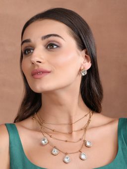 Auraa Trends - Gold Finish Kundan Polka & Pearl Layered Chain Jewellery Set