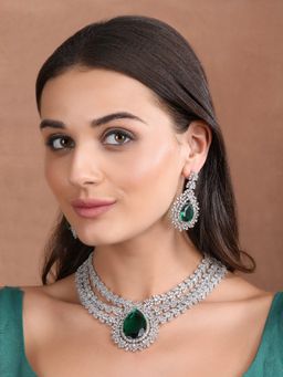 Auraa Trends - Rhodium Plated Ad Stone Studded Triple Layered Jewellery Set