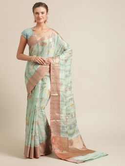 Banarasi Silk Works - Matka Woven Saree Green with Unstitched Blouse