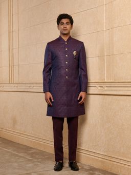 TASVA - Wine Block Indo-Western Sherwani With Pyjama