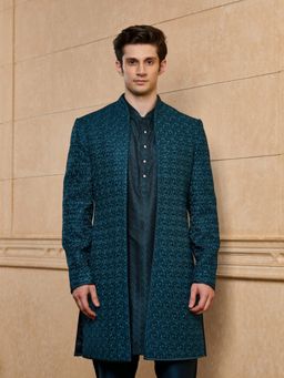 TASVA - Teal Ornate Motif Indo-Western Sherwani With Kurta & Alighari Pyjama