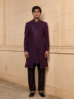 TASVA - Plum Sherwani With Kurta & Alighari Pyjama