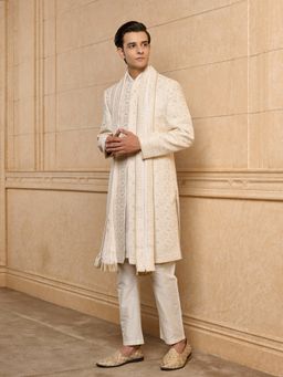 TASVA - Ivory Artisan Sherwani With Kurta & Aligarhi Pyjama Stole