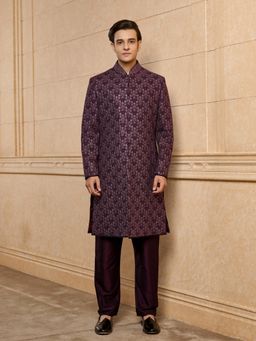TASVA - Purple Floral Sherwani With Kurta & Alighari Pyjama