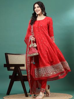 Rama's - Women Red Embroidery Anarkali Kurta & Pant with Dupatta (Set of 3)