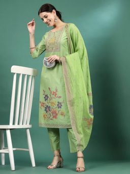 Rama's - Women Green Printed Kurta & Pant with Dupatta (Set of 3)