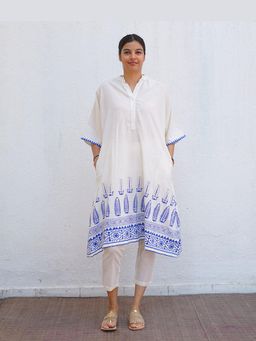 Chidiyaa - White Pure Cotton Self Design Block Print Kurta with Pant