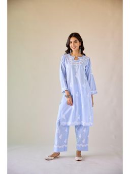 Old Marigold - Halls Blue Cotton Hand Embroidered Chikankari Kurta with Pant