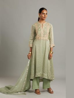 Myoho - Green Banarsi Stripe Kurta and Pant with Dupatta