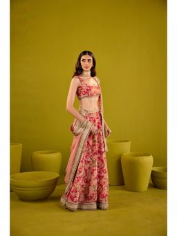 Old Marigold - Mehroom Embellished Tissue Red Lehenga with Blouse and Dupatta