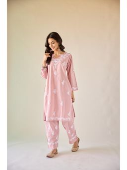 Old Marigold - Mira Cotton Hand Embroidered Chikankari Pink Kurta with Pant