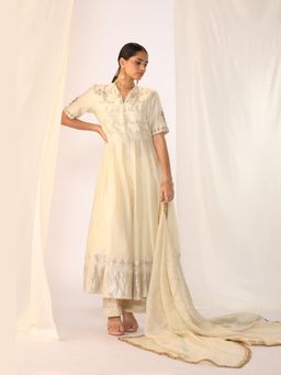 Myoho - Beige Handwork Embroidery Silk Anarkali and Pant with Dupatta