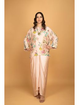 Tanu Malhotra - Nude Pink Printed Top with Skirt