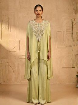 "Two Sisters" by Gyans - Green Georgette Embellished Crop Top with Palazzo and Cape