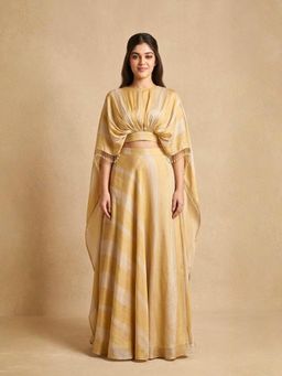 "Two Sisters" by Gyans - Gold Silk Striped Cape Top with Lehenga
