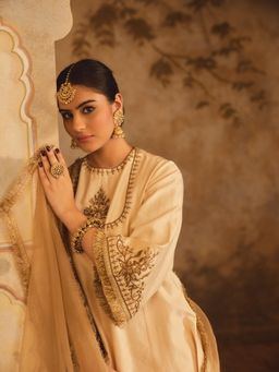 AFRIYA - Tajra Round Neck A-Line Cream Kurta with Pant and Dupatta