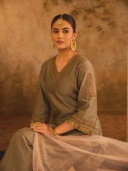 AFRIYA - Tajra V-Neck A-Line Green Kurta with Pant and Dupatta