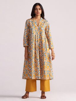 Ganga Fashions - Beige and Mustard Cotton Print Kurta with Pant (Set of 2)