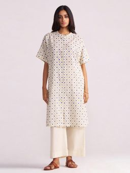 Ganga Fashions - Cream and Blue Small Flower Hand-Print Cotton Linen Kurta with Pant (Set of 2)