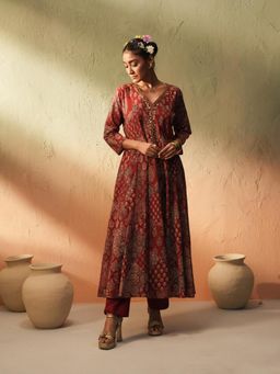 ISHIN - Maroon Cotton Kurta with Pant (Set of 2)