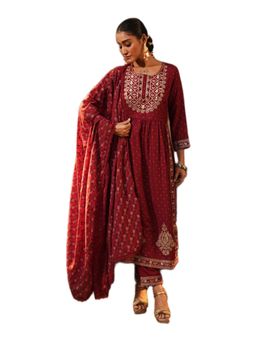 ISHIN - Maroon Rayon Kurta with Pant and Dupatta (Set of 3)