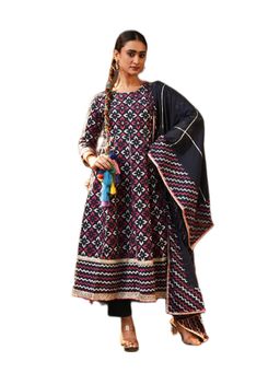 ISHIN - Navy Cotton Anarkali Kurta with Pant and Dupatta (Set of 3)