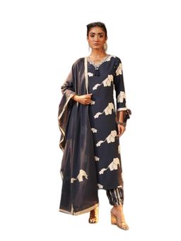 ISHIN - Navy Rayon Kurta with Pant and Dupatta (Set of 3)