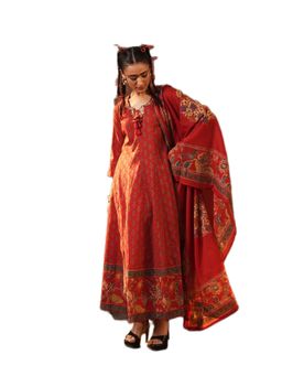 ISHIN - Red Cotton Anarkali Kurta with Pant and Dupatta (Set of 3)