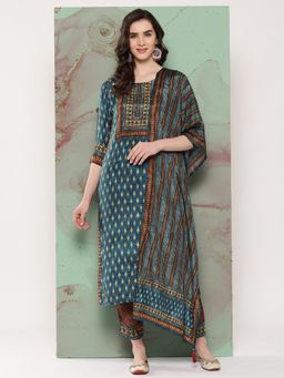 Nayam by lakshita - Teal Printed Kurta with Pant and Dupatta (Set of 3)