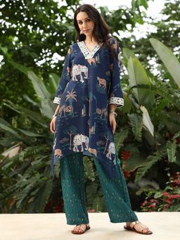 Qissa - Navy Blue Indie-Folk Kurta with Pant (Set of 2)