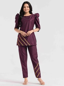 WEAVLLITE - Burgundy Viscose Blend Lace Work Co-Ord (Set of 2)