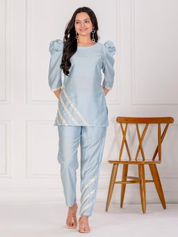 WEAVLLITE - Light Blue Viscose Blend Lace Work Co-Ord (Set of 2)