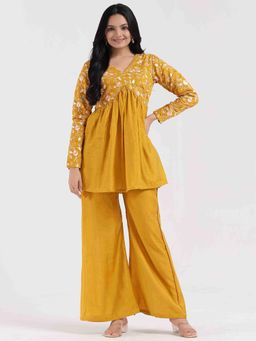WEAVLLITE - Festive Mustard Roman Silk Embroidered Co-Ord (Set of 2)