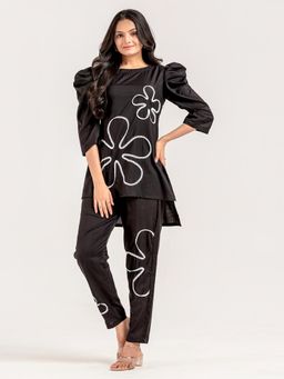 WEAVLLITE - Quirky Black Viscose Blend Lace Work Co-Ord (Set of 2)