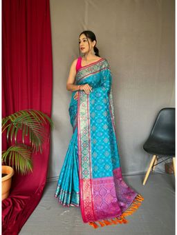 EXCLUSIVA - Blue Woven Patola Saree with Unstitched