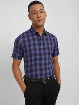 Allen Solly - Men Navy Slim Fit Check Half Sleeves Formal Shirt