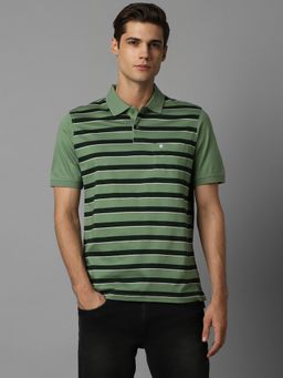 Louis Philippe - Men Green Stripe Polo Neck T-shirt