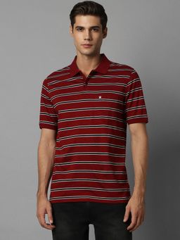 Louis Philippe - Men Maroon Stripe Polo Neck T-shirt