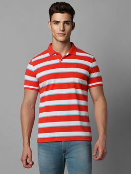 Louis Philippe - Men Red Stripe Polo Neck T-shirt