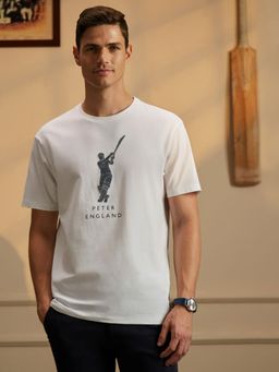 Peter England - Men White Graphic Print Breathable Cotton Rich Round Neck T-Shirt