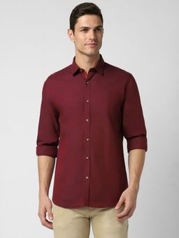Peter England - Men Maroon Slim Fit Solid Full Sleeves Casual Shirt