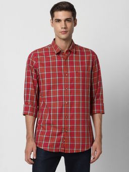 Peter England - Men Red Slim Fit Check Full Sleeves Casual Shirt