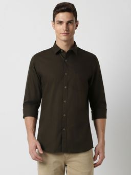 Peter England - Men Brown Slim Fit Solid Full Sleeves Casual Shirt