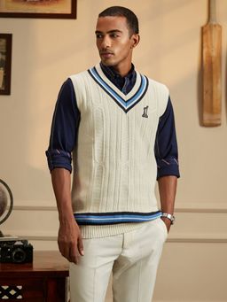 Peter England - Men Cream V Neck Sleeveless Sweater with Soft Touch