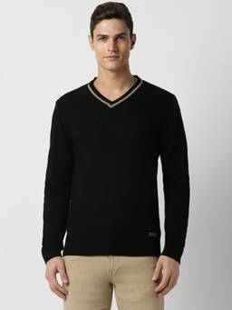 Peter England - Men Black Solid V Neck Sweater