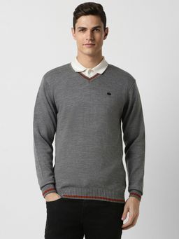 Peter England - Men Grey Solid V Neck Sweater
