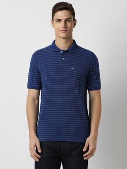 Peter England - Men Blue Stripe Polo Neck Polo T-Shirts